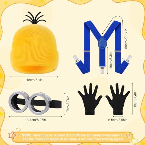 Thumbnail 1 de DiULi Kit de Accesorios de Disfraz 4 en 1 para Niños (Dos Ojos): Gafas Steampunk, Sombrero Amarillo, Guantes Negros y Tirantes Azules