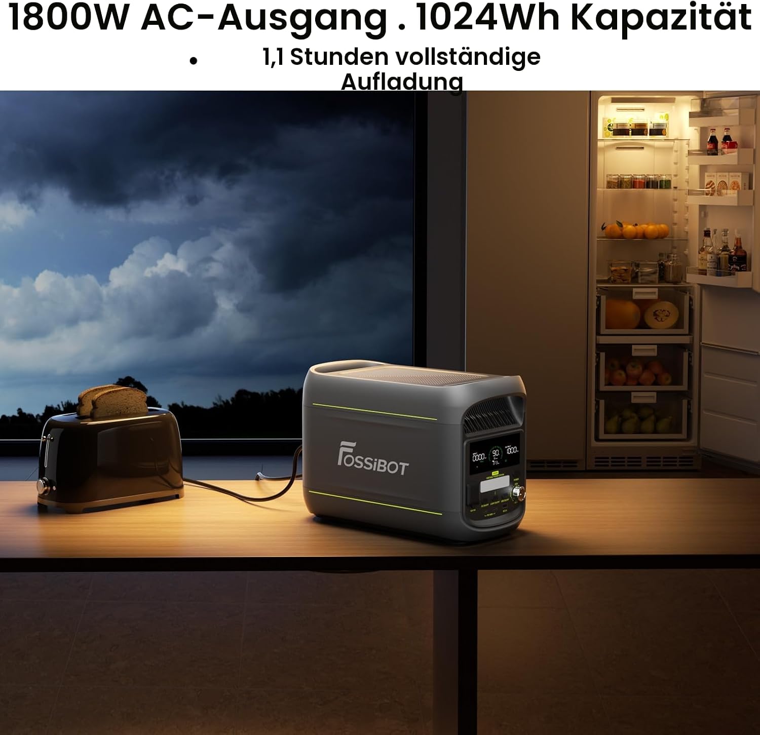 Detalle de FOSSiBOT F1800 Tragbare Powerstation – 1800W, 1024Wh LiFePO4, Schnelllade- und Solarbetrieb