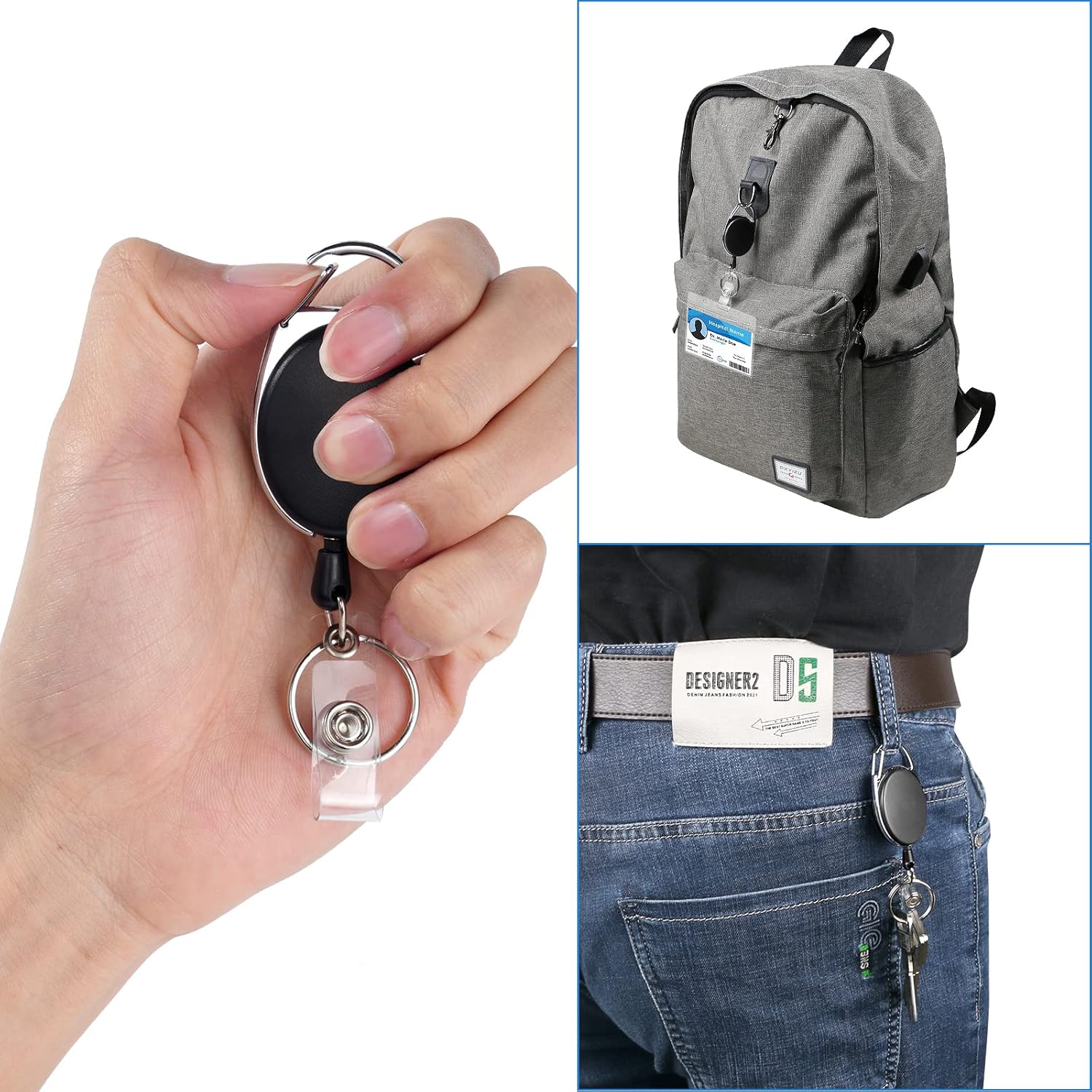 Detalle de Vicloon Ausweishalter Schlüsselanhänger, einziehbar (2er-Set) mit Kartenrolle und Gürtelclip