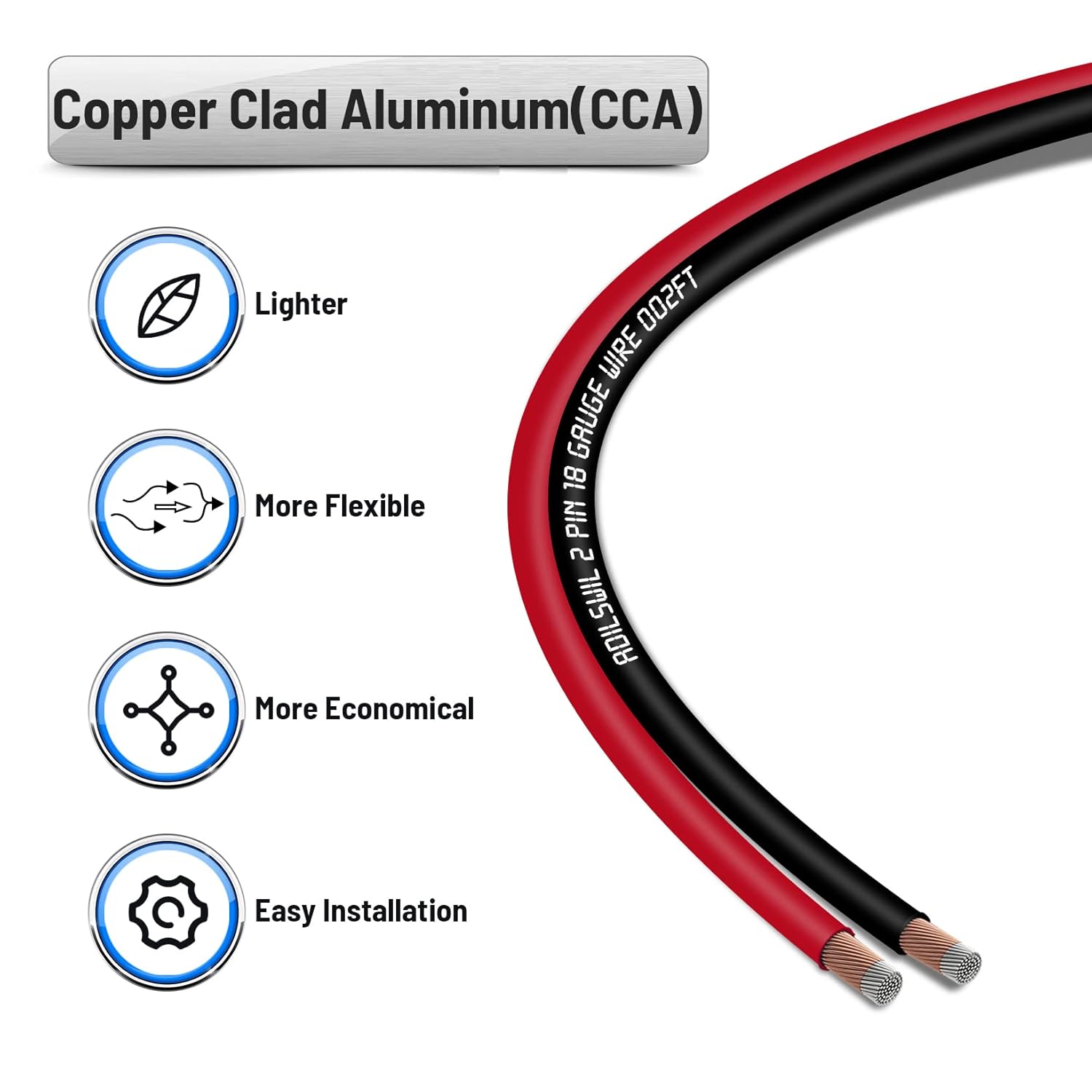 Detalle de 18AWG 100FT Speaker Wire, 2 Conductors, Red & Black, Copper-Clad Aluminum, 12V/24V DC Low-Voltage Cable