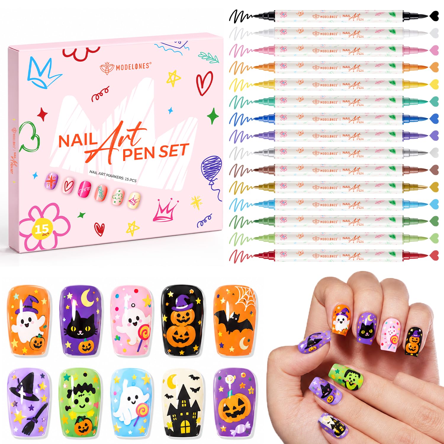 Detalle de Modelones 15-Color Dual-Tip Nail Art Pens with 0.7 mm Fine Tips