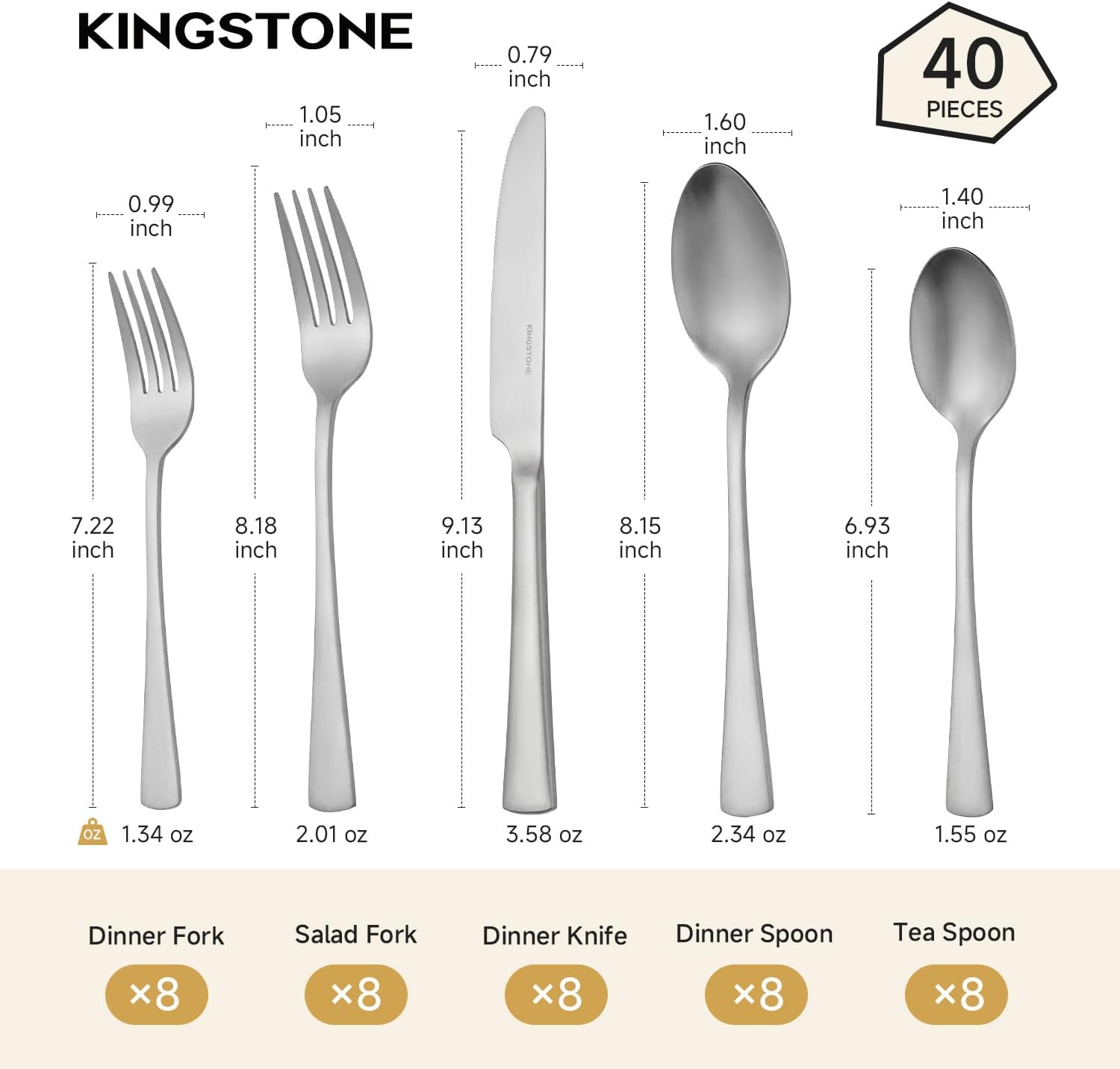 Detalle 2 de KINGSTONE 18/10 Stainless Steel Silverware Set for 8 (40-Piece) — Matte Satin Flatware, Dishwasher Safe