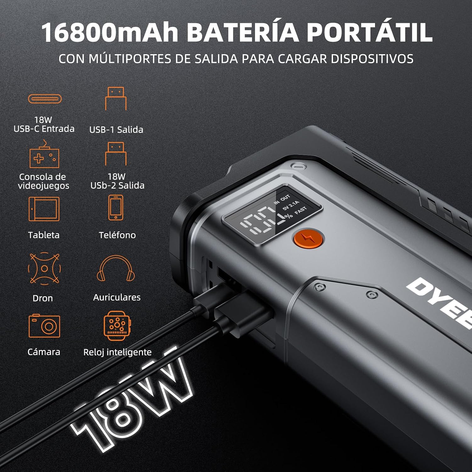 Detalle de DYEETIC 5000A Arrancador 16800mAh