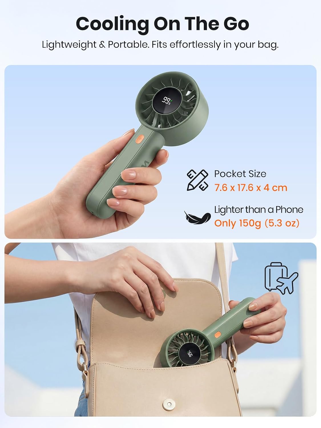 Detalle 2 de Warmco Portable Handheld Turbo Fan 5000mAh – 4-Speed, Base & Lanyard, LED Display, USB Rechargeable