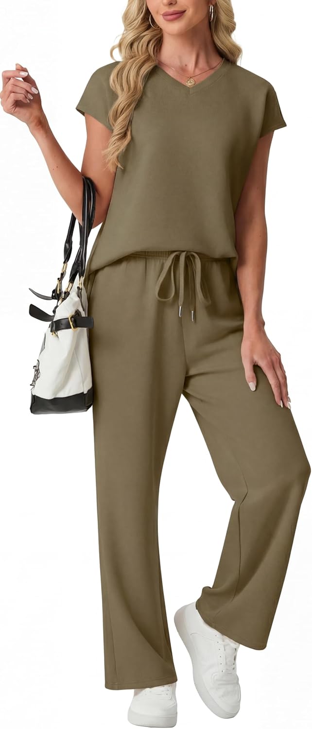 Detalle de GRECERELLE Women's Tracksuit Full Set: Summer Short Sleeve Lounge Wear Two-Piece