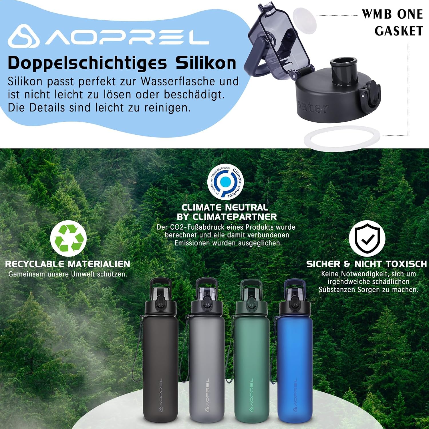 Detalle de AOPREL Trinkflasche 1 l aus Tritan, auslaufsicher, mit Filter und Bürste (BPA-frei)