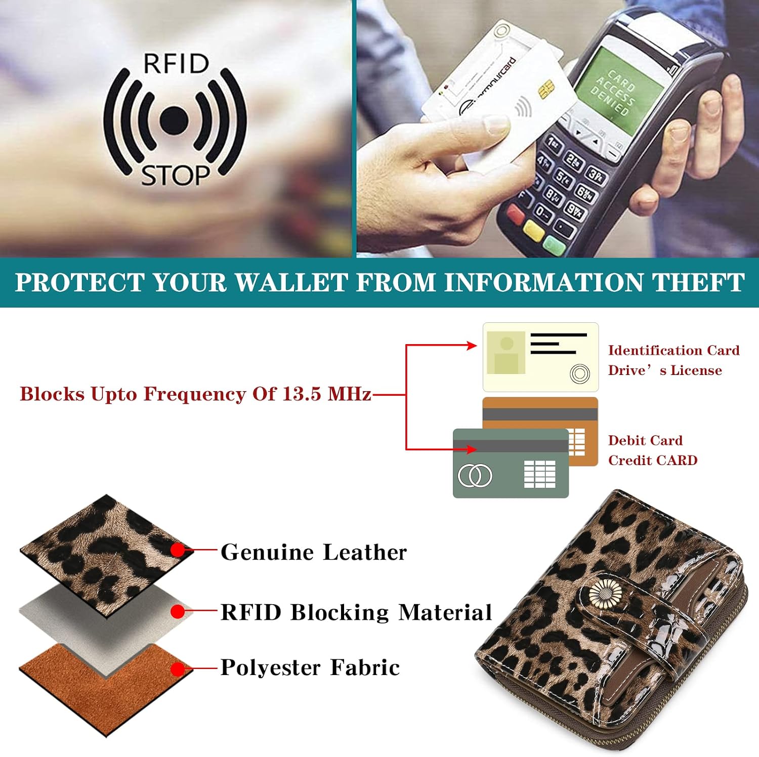 Thumbnail 6 de SENDEFN Damen Klein-Geldbörse mit RFID-Blocker, Münzfach mit Reißverschluss und Kartenfächern