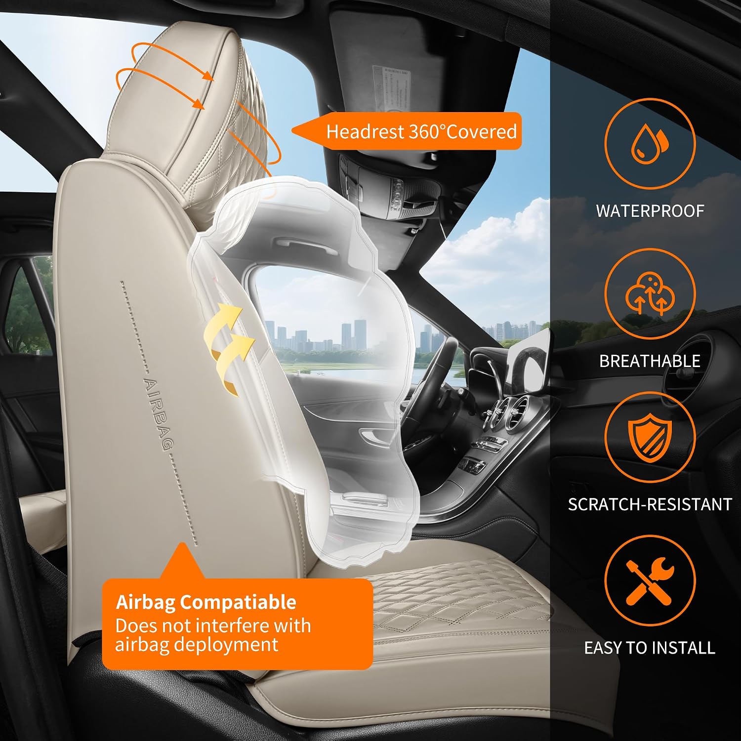 Thumbnail 3 de Beige High-Density Nappa Leather Car Seat Covers — Universal Precision Fit, 3D Contoured, Full Coverage