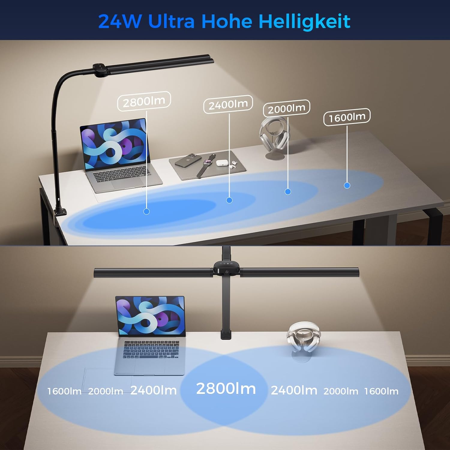 Detalle de Nevoke Schreibtischlampe LED Dimmbar – 1400 lm, 24 W, Doppelkopf mit Klemmfassung, Fernbedienung und USB-Ladefunktion