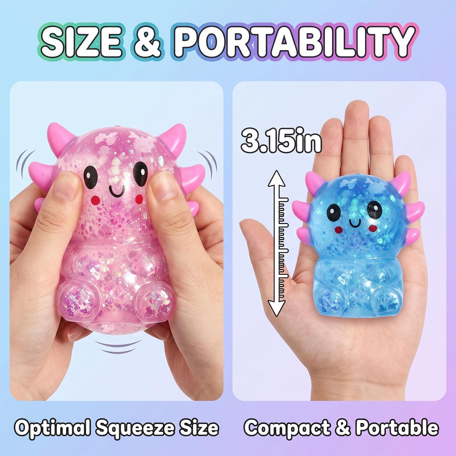 Detalle de LAHAND squeeze toy Axolotl Squishies, 4-Pack TPR Glitter Fidget Toys