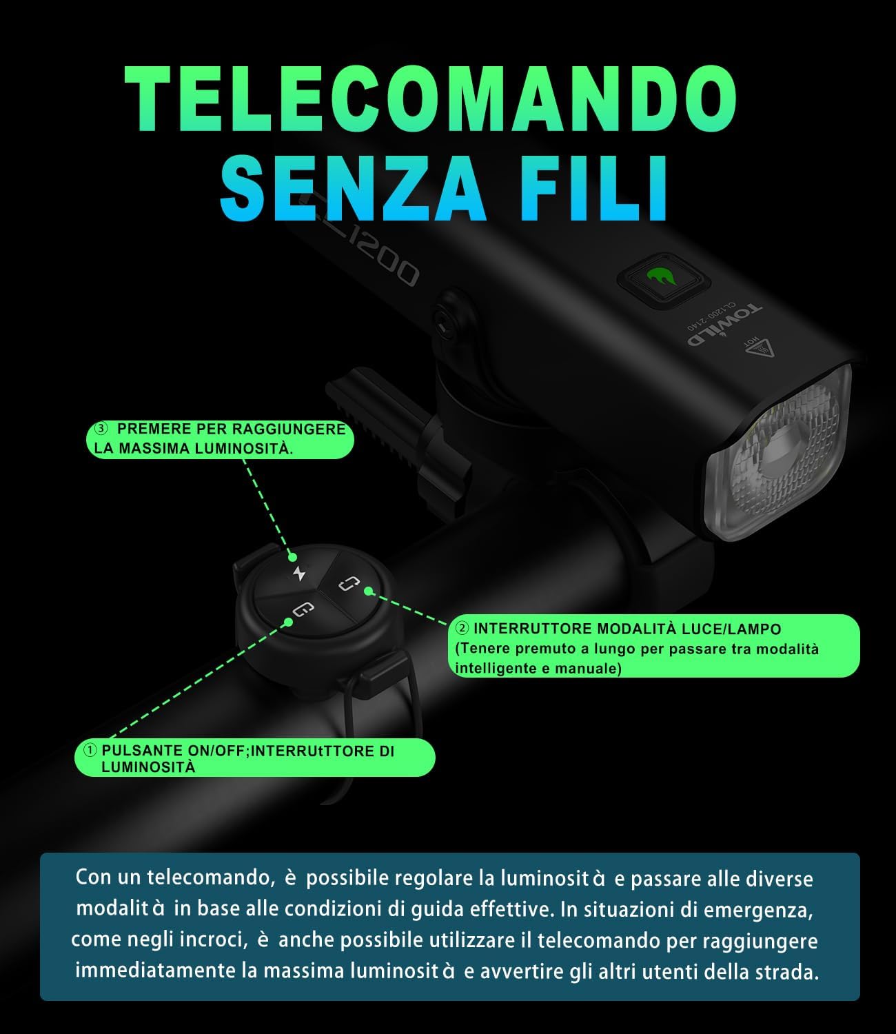 Detalle 2 de Towild CL1200 Luce Bici 1200 lm