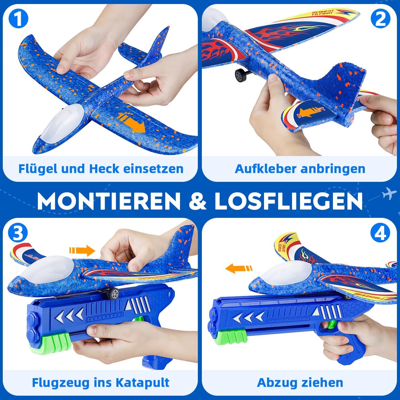 Detalle de Winstico Flugzeug-Werfer Set: 4er Flugzeuge, 2 Katapult-Pistolen und LED-Nachtflug für Kinder ab 3 Jahren