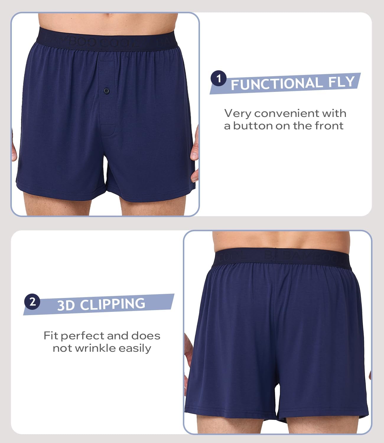 Detalle de BAMBOO COOL Mens Underwear Boxers: Moisture-Wicking, Loose Fit, Super Soft 4 Pack
