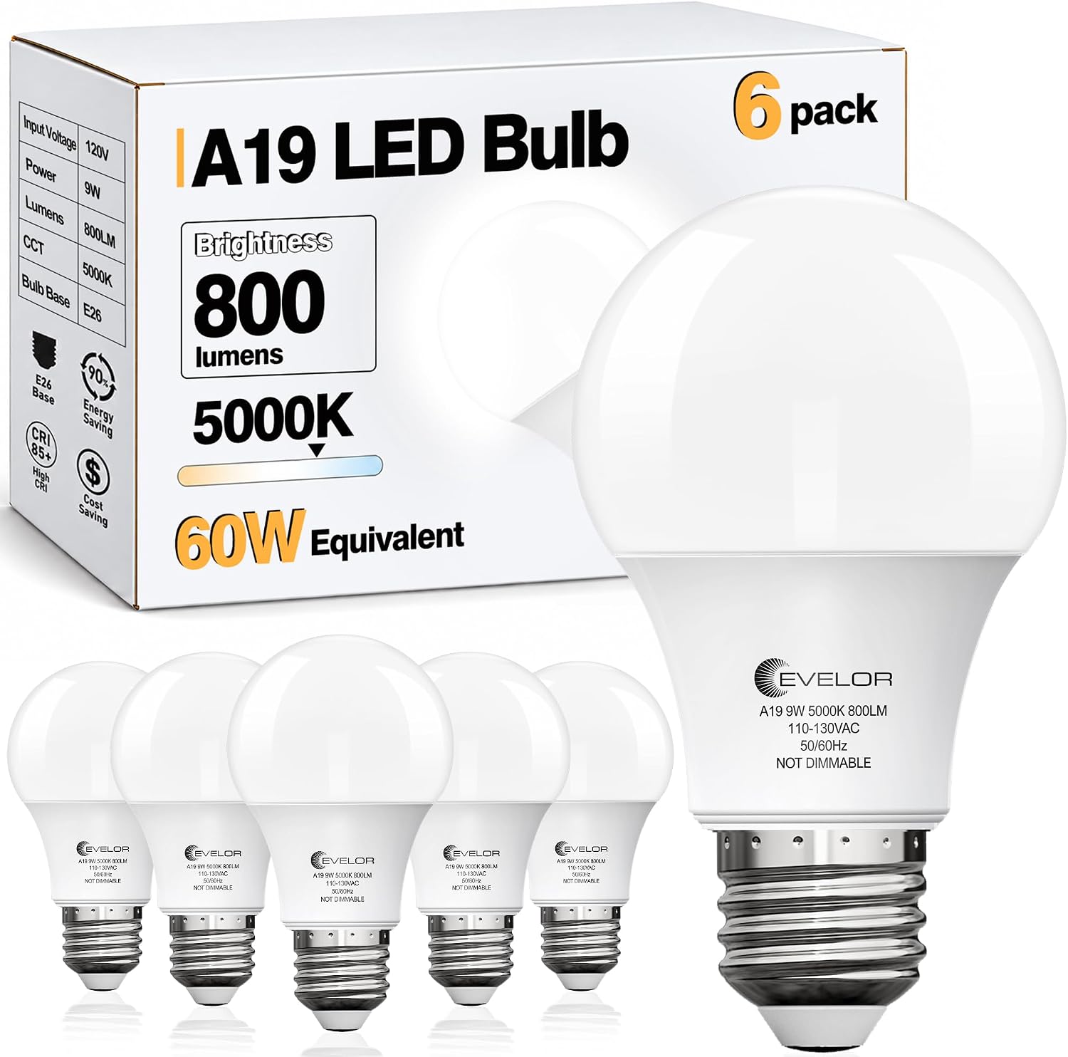 Detalle de evelor YH-A-60-03 A19 LED Bulbs, 6-Pack, 5000K, 800 Lumens