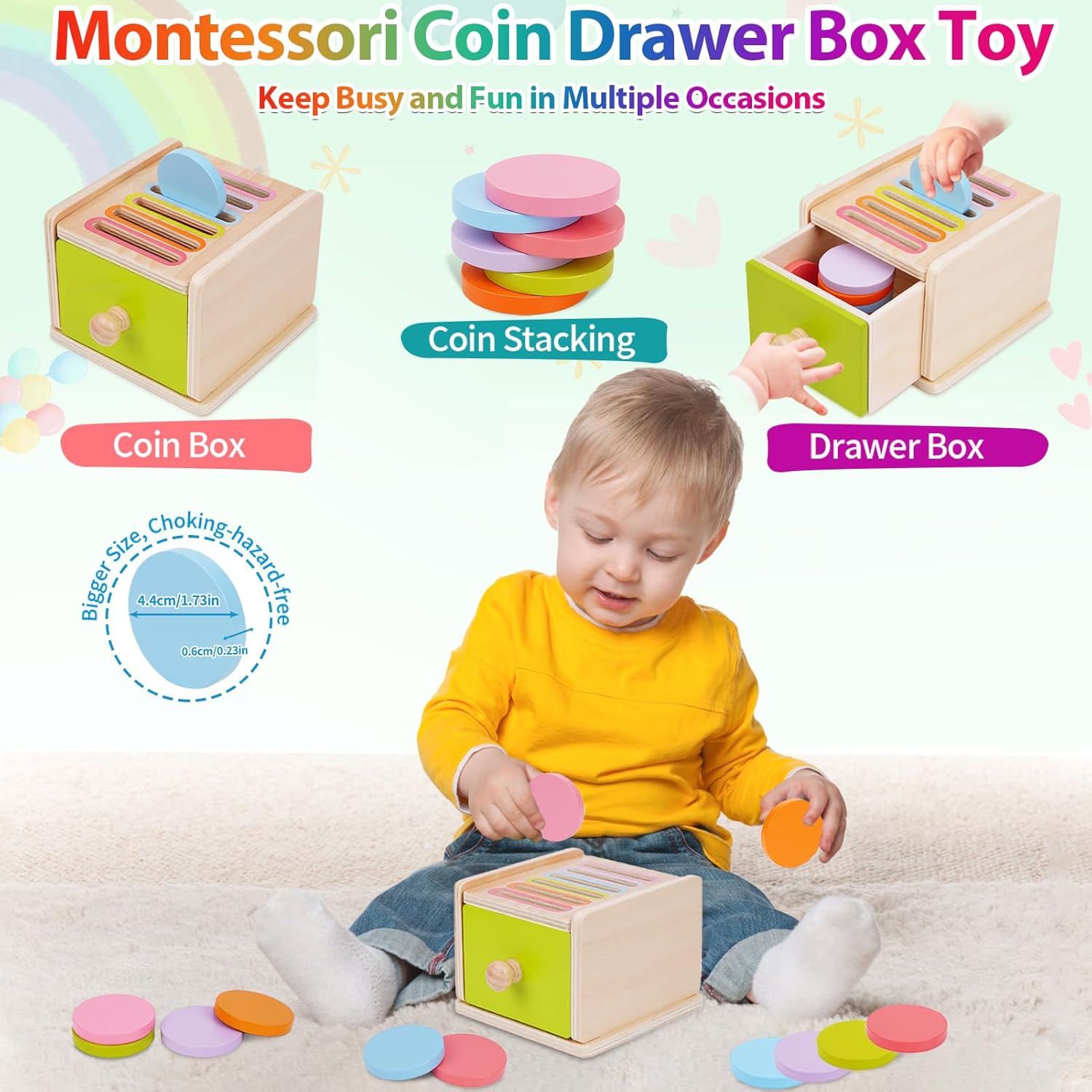 Thumbnail 1 de FCSONU Jouet Bebe 1–3 Ans : Jeu Montessori en bois avec tiroirs et pièces colorées