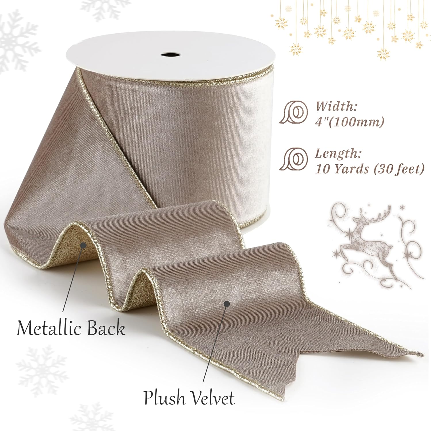 Detalle 2 de LIZLOVESS Taupe Velvet Wired Ribbon, 4-Inch, Gold Glitter Back, 10 Yards
