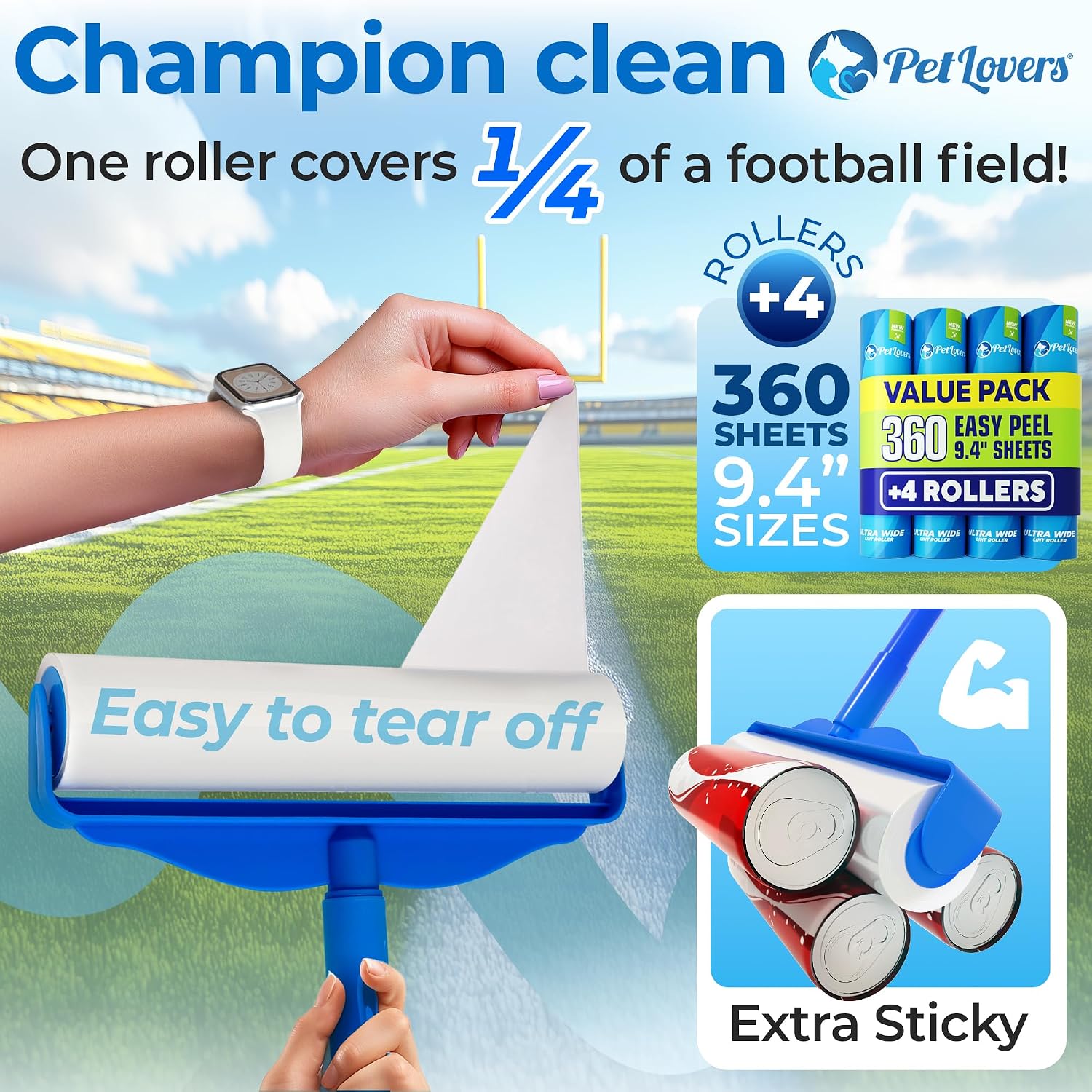 Detalle 2 de PetLovers Large Lint Roller with 3 Refills: 360 Sheets for Pet Hair Removal