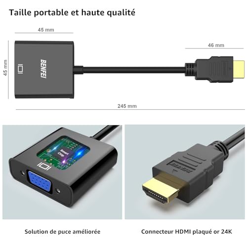 Detalle 2 de BENFEI Adaptateur HDMI vers VGA (mâle vers Femelle) – Noir