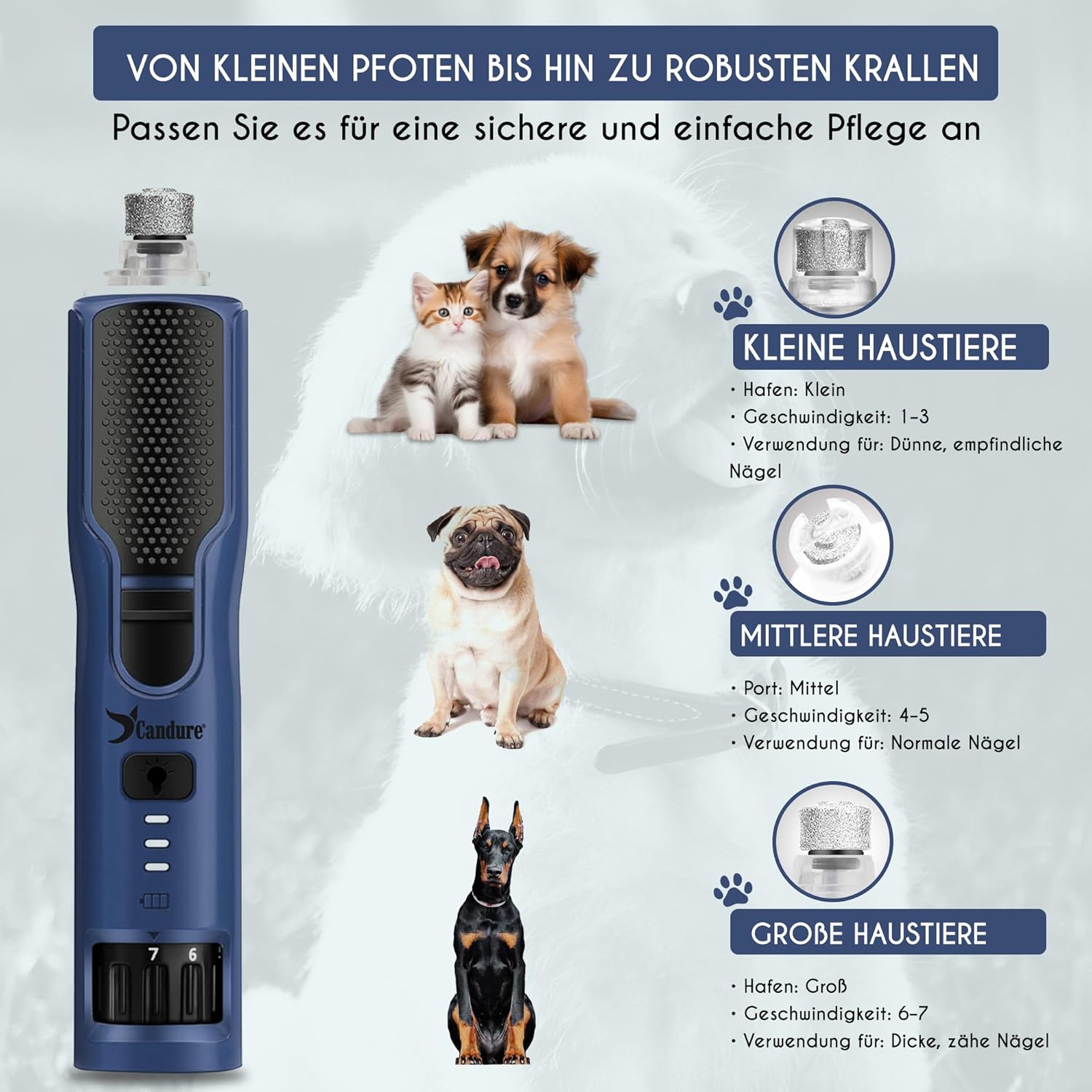 Detalle de Candure Krallenschleifer für Hunde – 3 Aufsätze, 360° LED, leisem Betrieb, wiederaufladbar