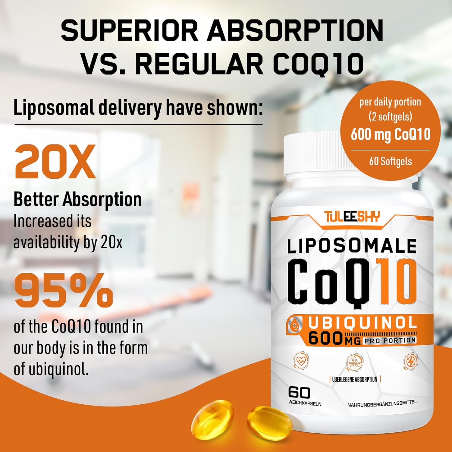 Detalle de Coenzyme Q10 liposomale Ubiquinol 600 mg - Tuleeshy, 60 gélules