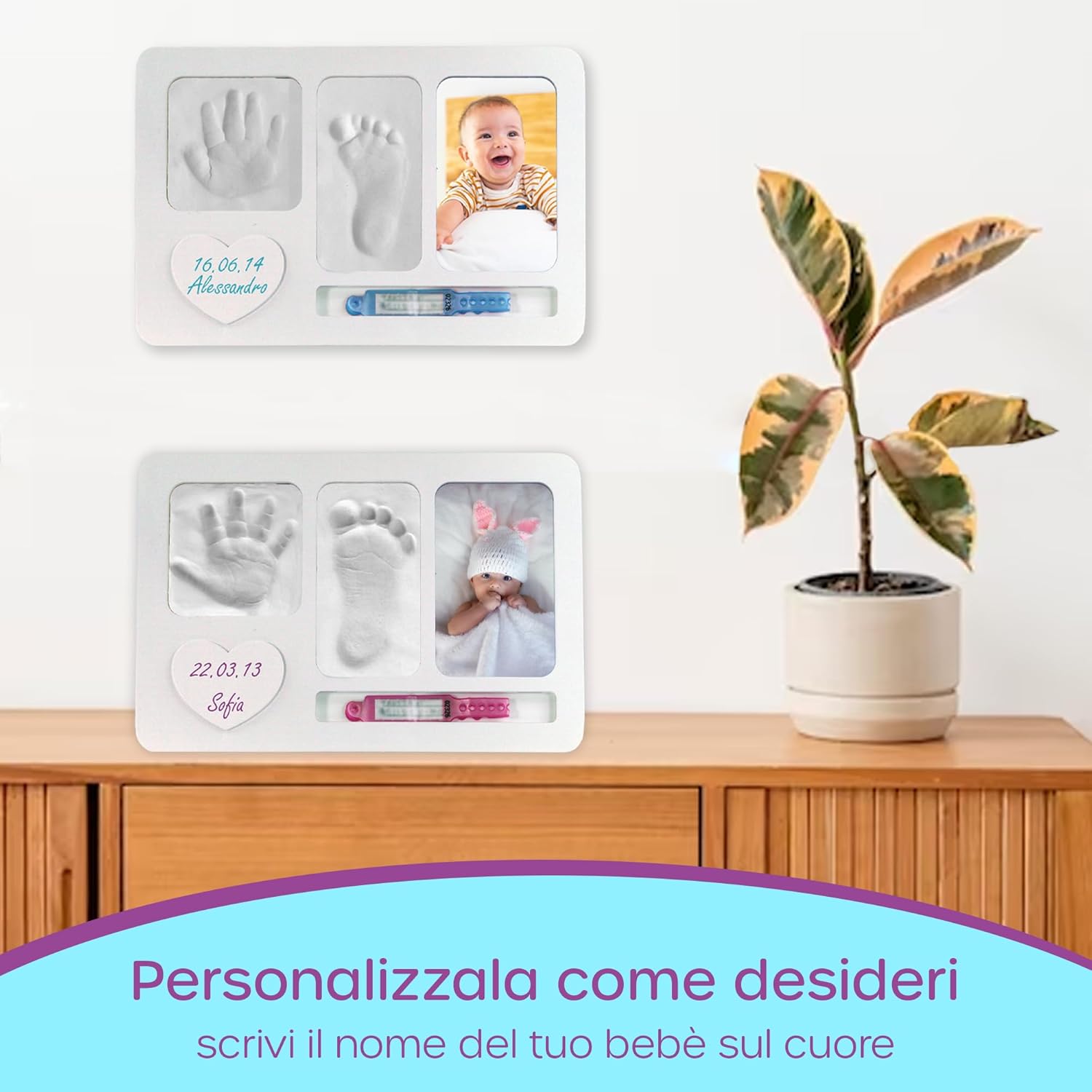 Detalle de iPiccoli Cornice Impronte Neonato – Set completo per ricordi di nascita con impronte, braccialetto e porta foto 30x20 cm