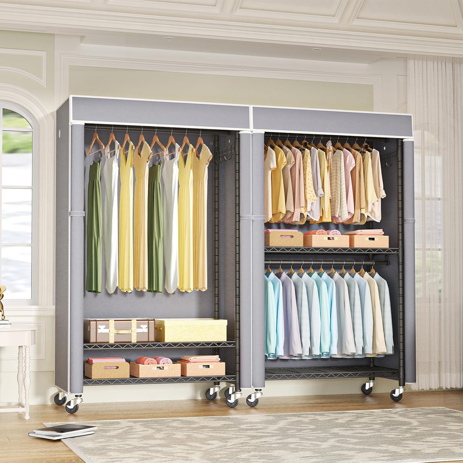 Detalle 2 de FUTASSI P1C Covered Clothing Rack with Gray Cover, Shelves and Wheels