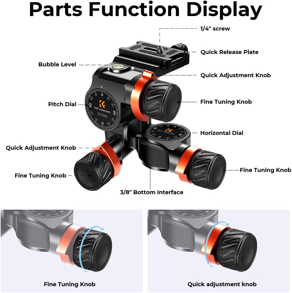 Thumbnail 3 de K&F Concept geared tripod head for 360° panoramic 3-way ballhead with quick release plate