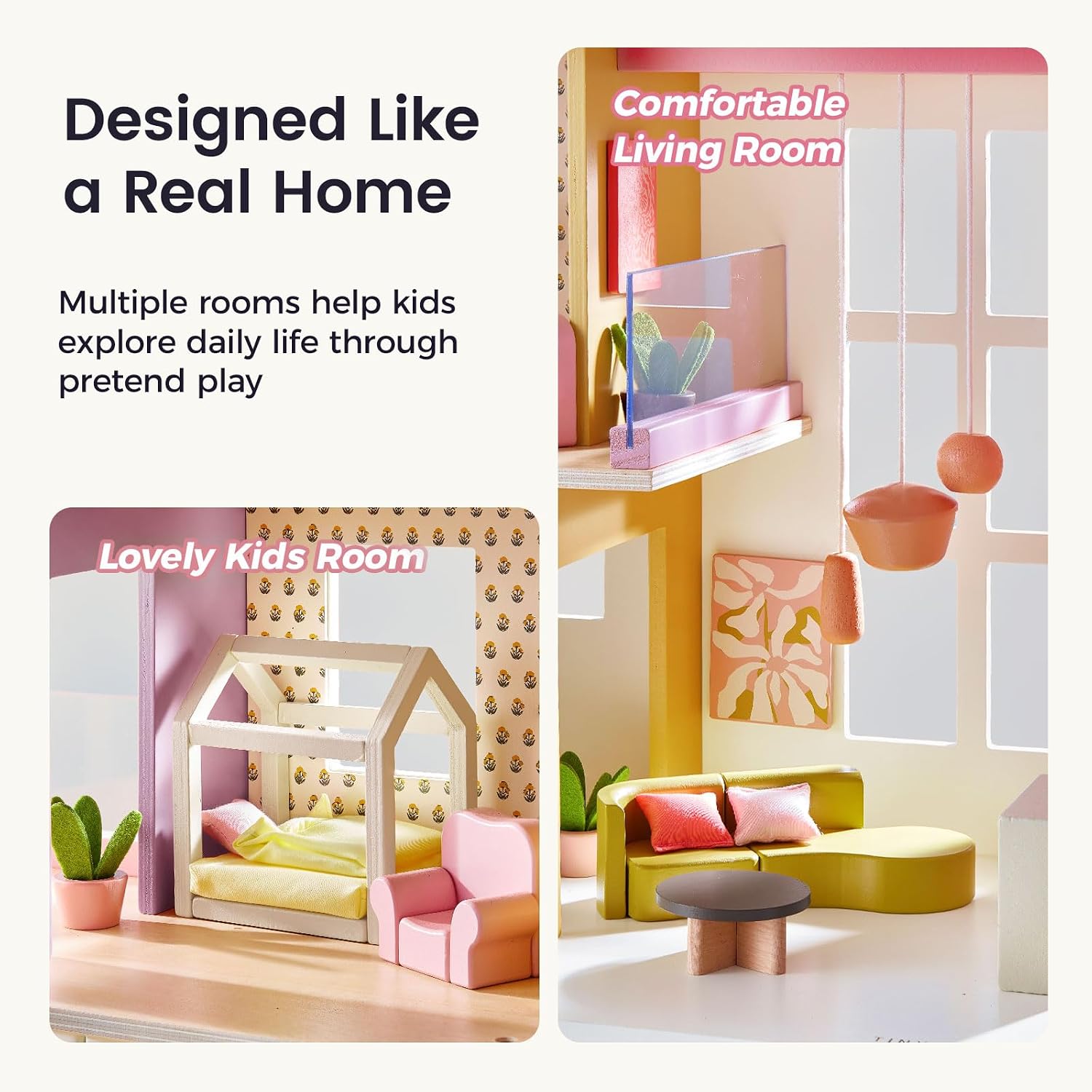 Detalle de Tiny Land Wooden Doll House: Modern Pink 7-Room Family Home with 49 Accessories