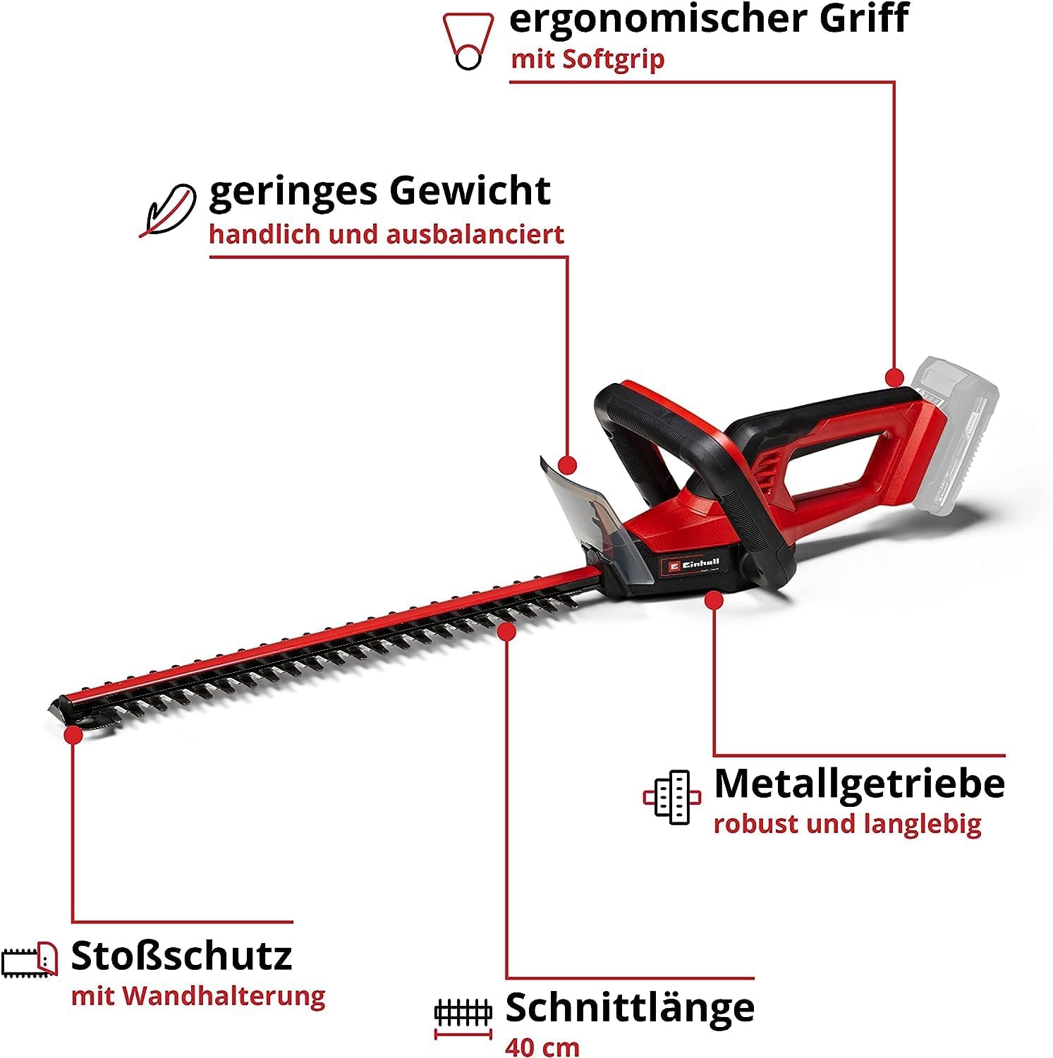 Detalle de Einhell Akku-Heckenschere GC-CH 18/40 Li-Solo Power X-Change (40 cm Schnittlänge, 13 mm Zahnabstand) – ohne Akku