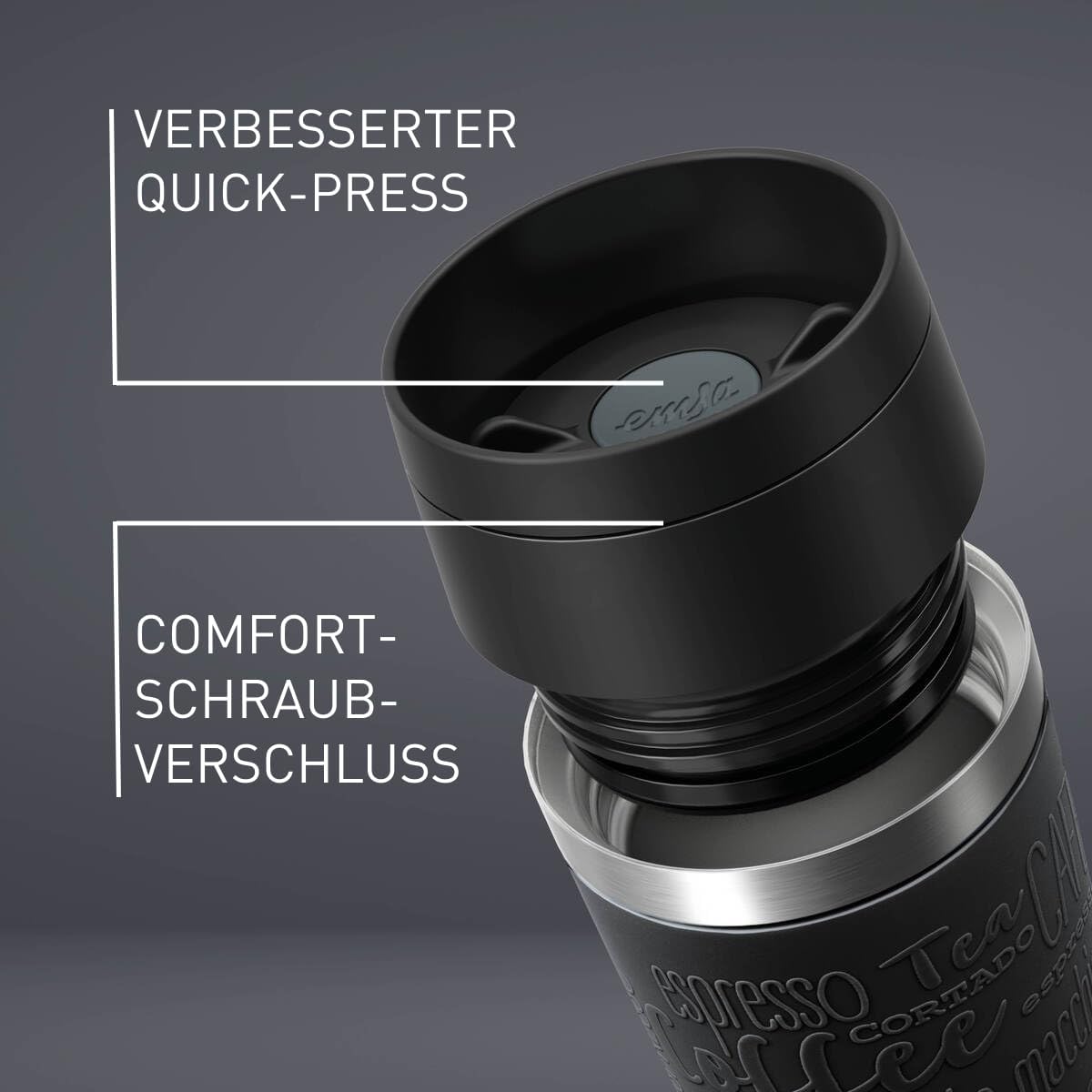 Detalle de Emsa Travel Mug Classic N20202 – 0,36 l, Edelstahl, 100% dicht, 4 h heiß / 8 h kalt