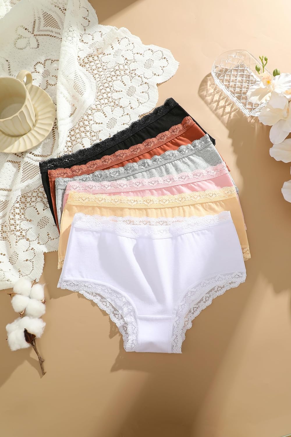 Detalle de ALL OF SHE confezione da 6 mutande donna in cotone (slip brasiliana in pizzo), vita media, traspiranti S-XXL