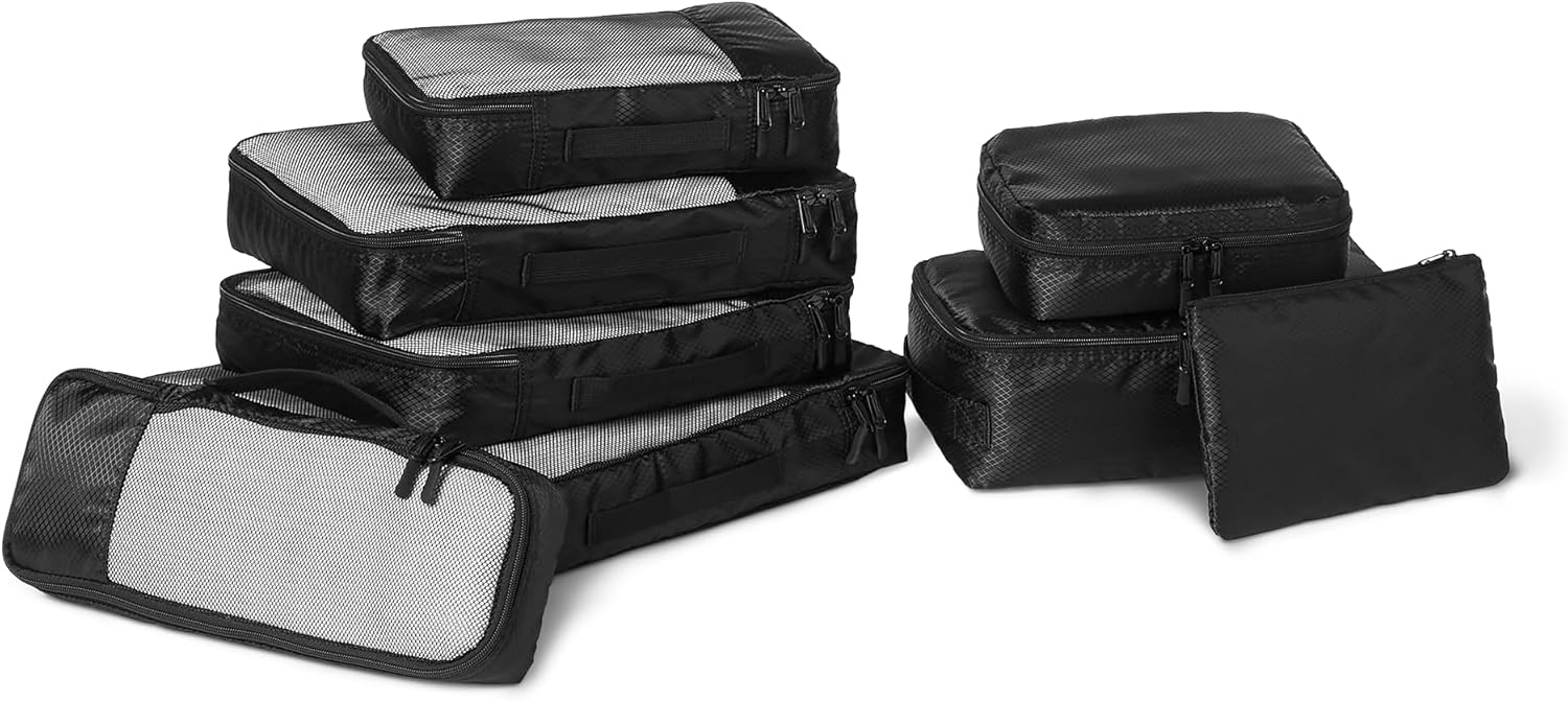 Detalle de Amazon Essentials 8-teiliges Packwürfel-Reisezubehörset – Gepäck-Organizer mit Doppelreißverschluss