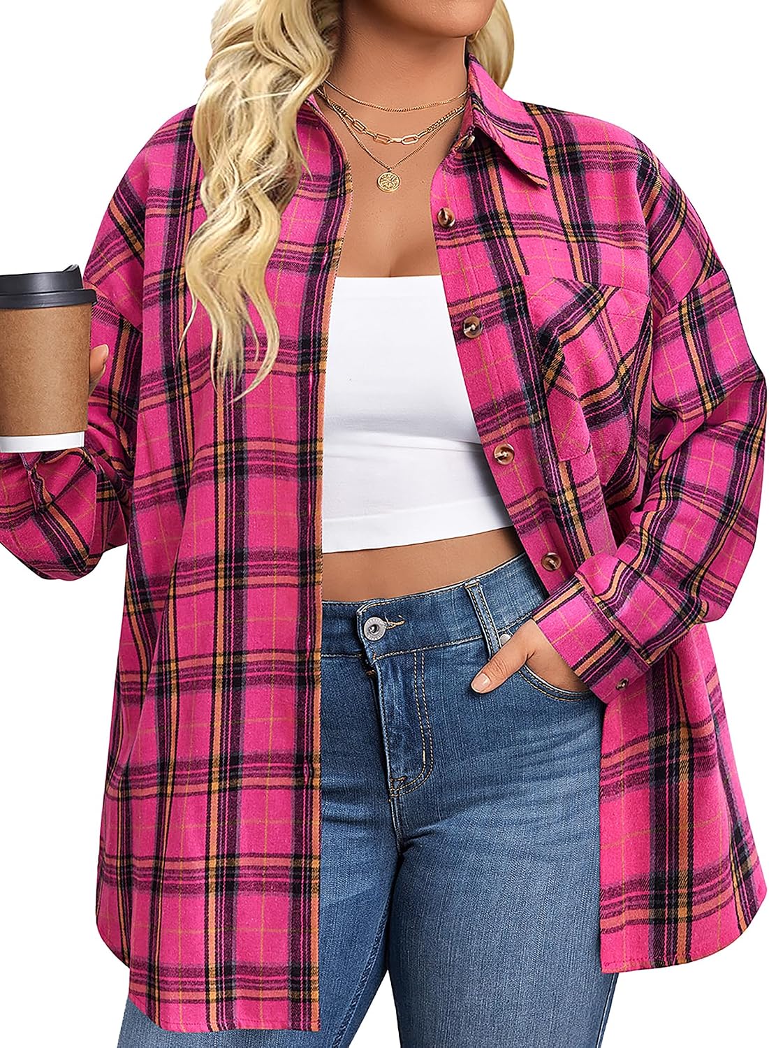 Detalle de IN'VOLAND Women's Plus Size Flannel Shirt, Long Sleeve Button-Down, Cotton Blend