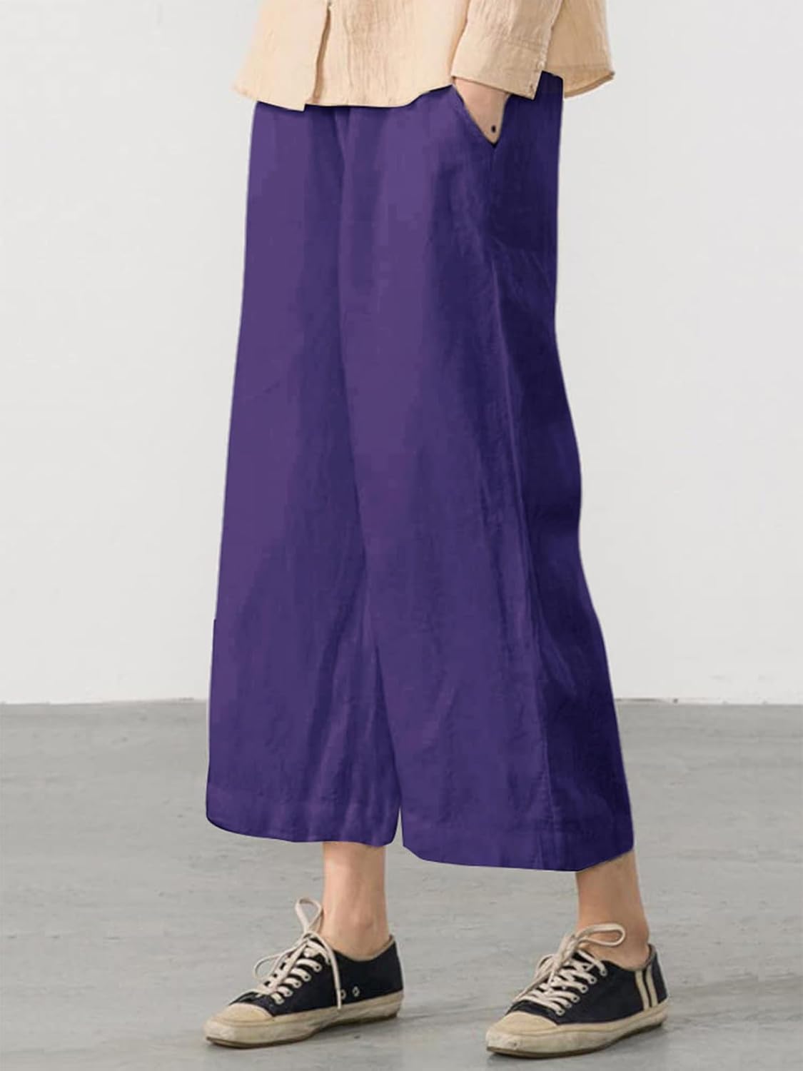 Thumbnail 1 de Womens Cotton Cropped Pants: Loose Fit, Wide Leg Capri with Elastic Waist (Plus Size)