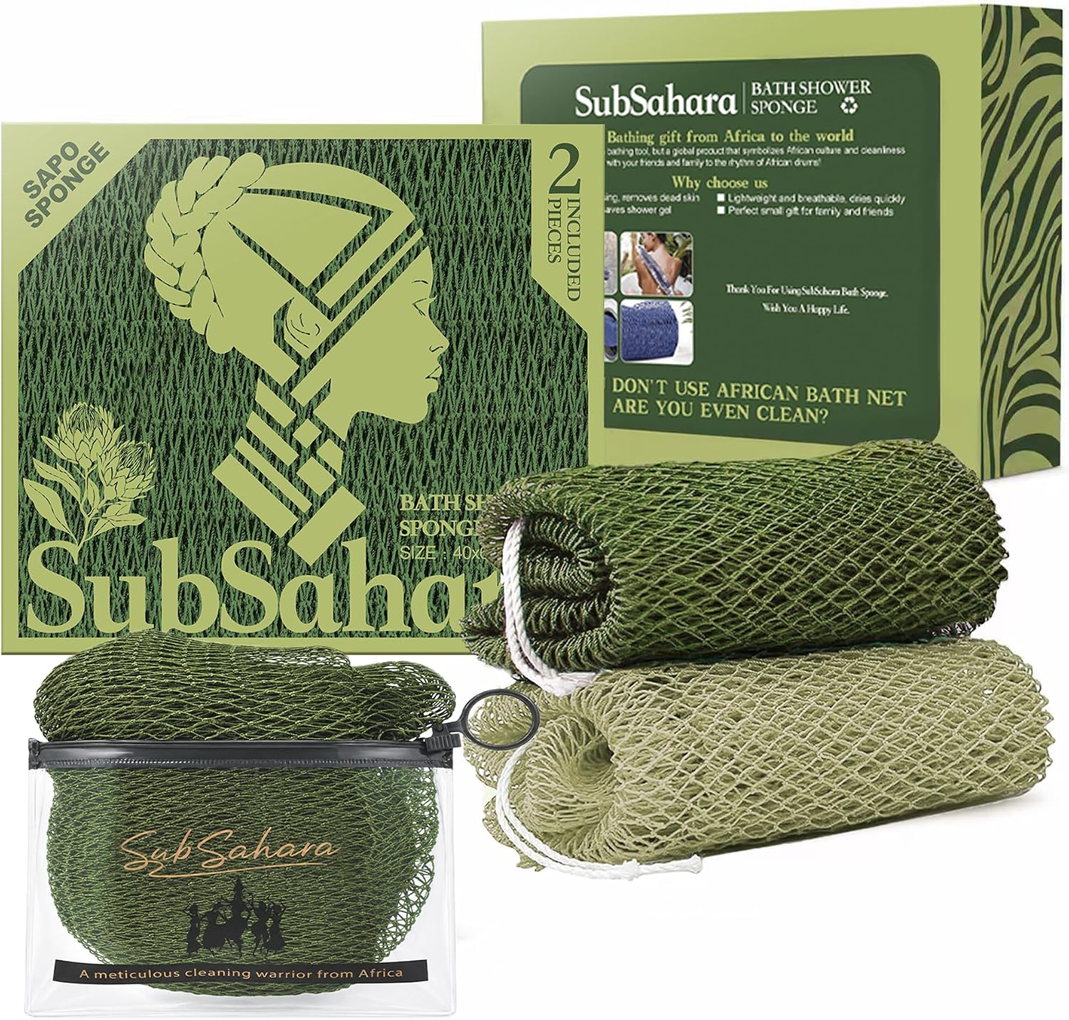 Detalle de SubSahara Authentic African Net Sponge (2-Pack) for Body & Face — Gentle Exfoliating Loofah Sponge, Travel-Friendly, Quick-Drying