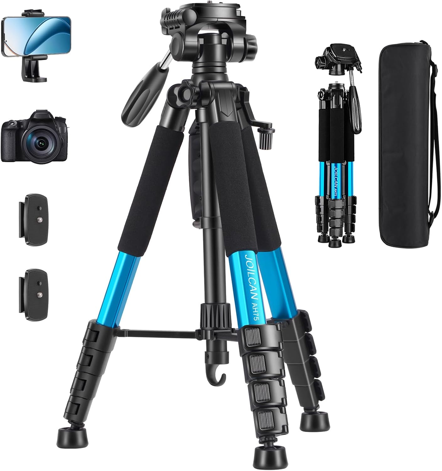 JOILCAN 74" Camera Tripod with Detachable Head and Universal Phone Mount – Lightweight Aluminium, Blue