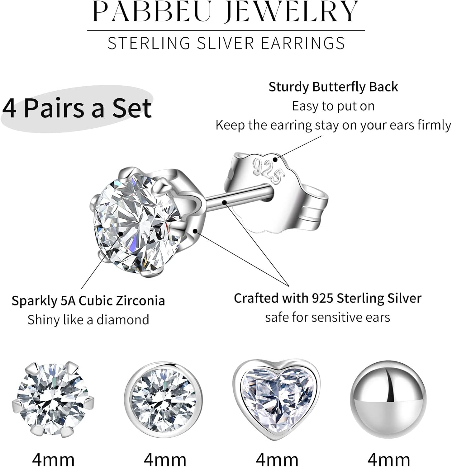 Thumbnail 1 de PABBEU 4 Pairs Sterling Silver Stud Earrings for Women – Heart Design, Hypoallergenic