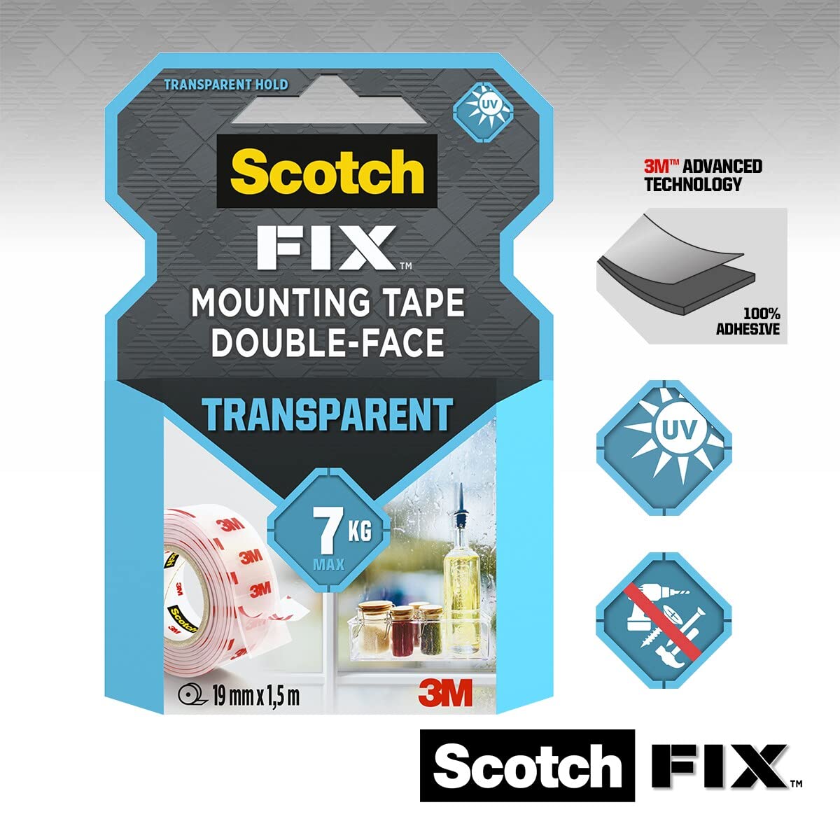 Thumbnail 1 de Scotch-Fix Nastro Biadesivo Trasparente 19 mm x 5 m – Fissaggio permanente per vetro, piastrelle, acrilico e metallo