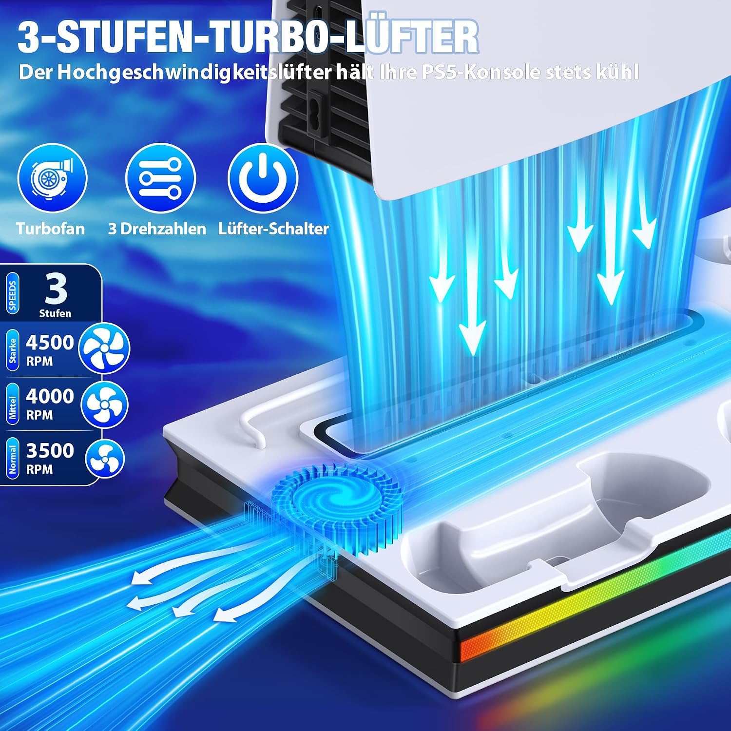 Detalle 2 de ALEEMTRY PS5 Standfuß mit LED, 3-Stufen Lüfter