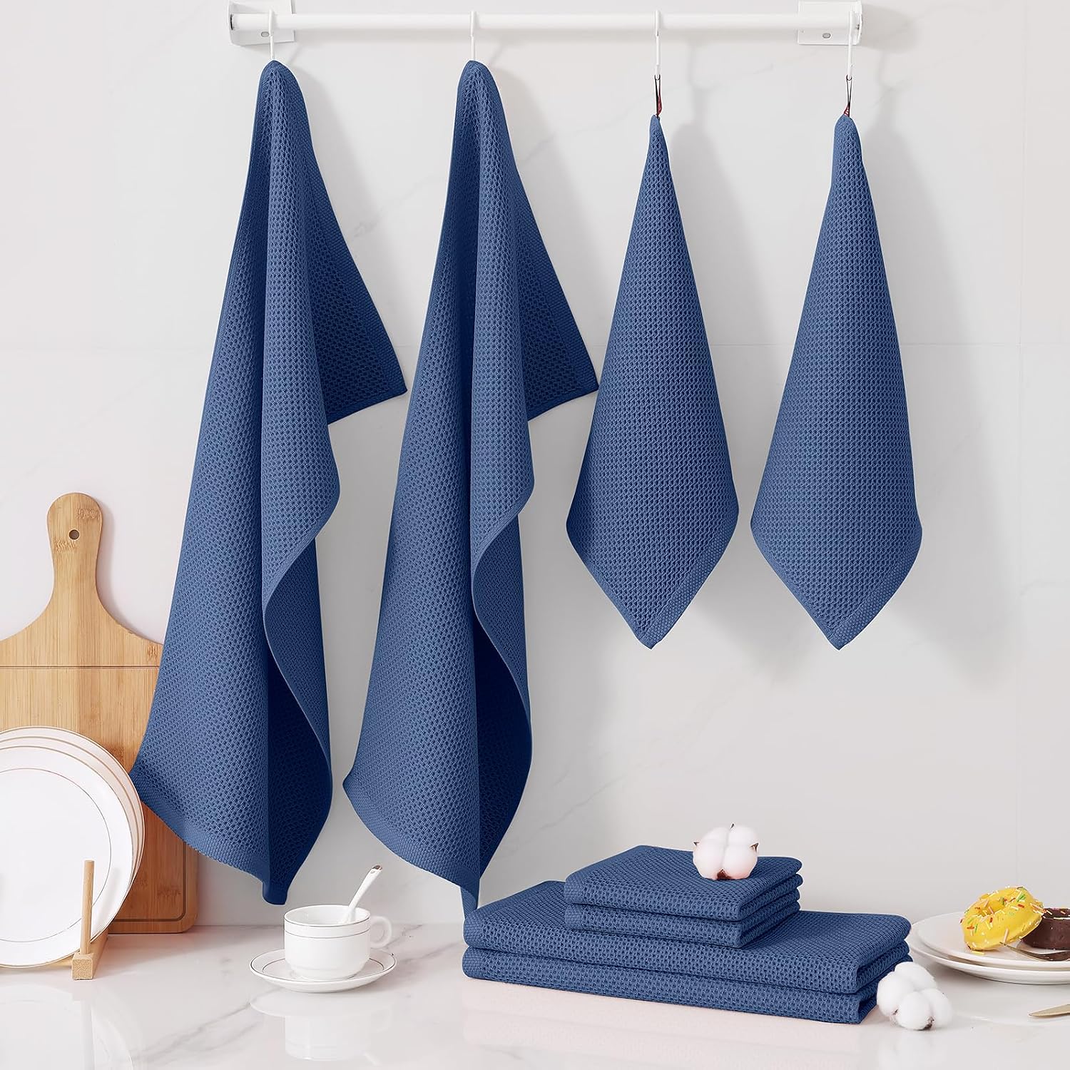 Thumbnail 6 de Homaxy 100% Cotton Kitchen Towels and Dishcloths Set, 8-Piece (12x12 and 13x28 Inches) in Navy Blue