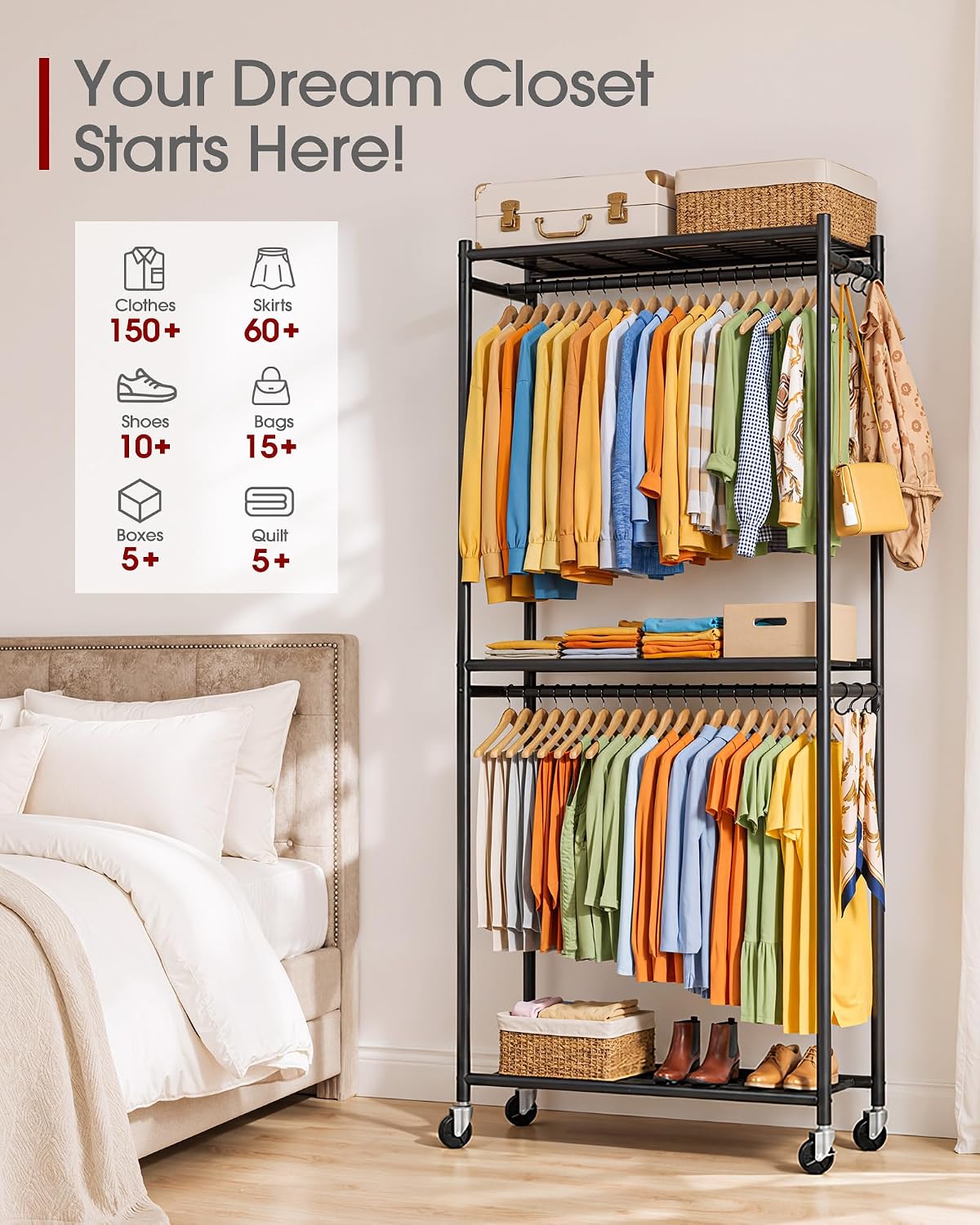 Detalle de Sakugi Clothes Rack with Shelves & Wheels (Black) 33.0" x 12.2" x 79.5