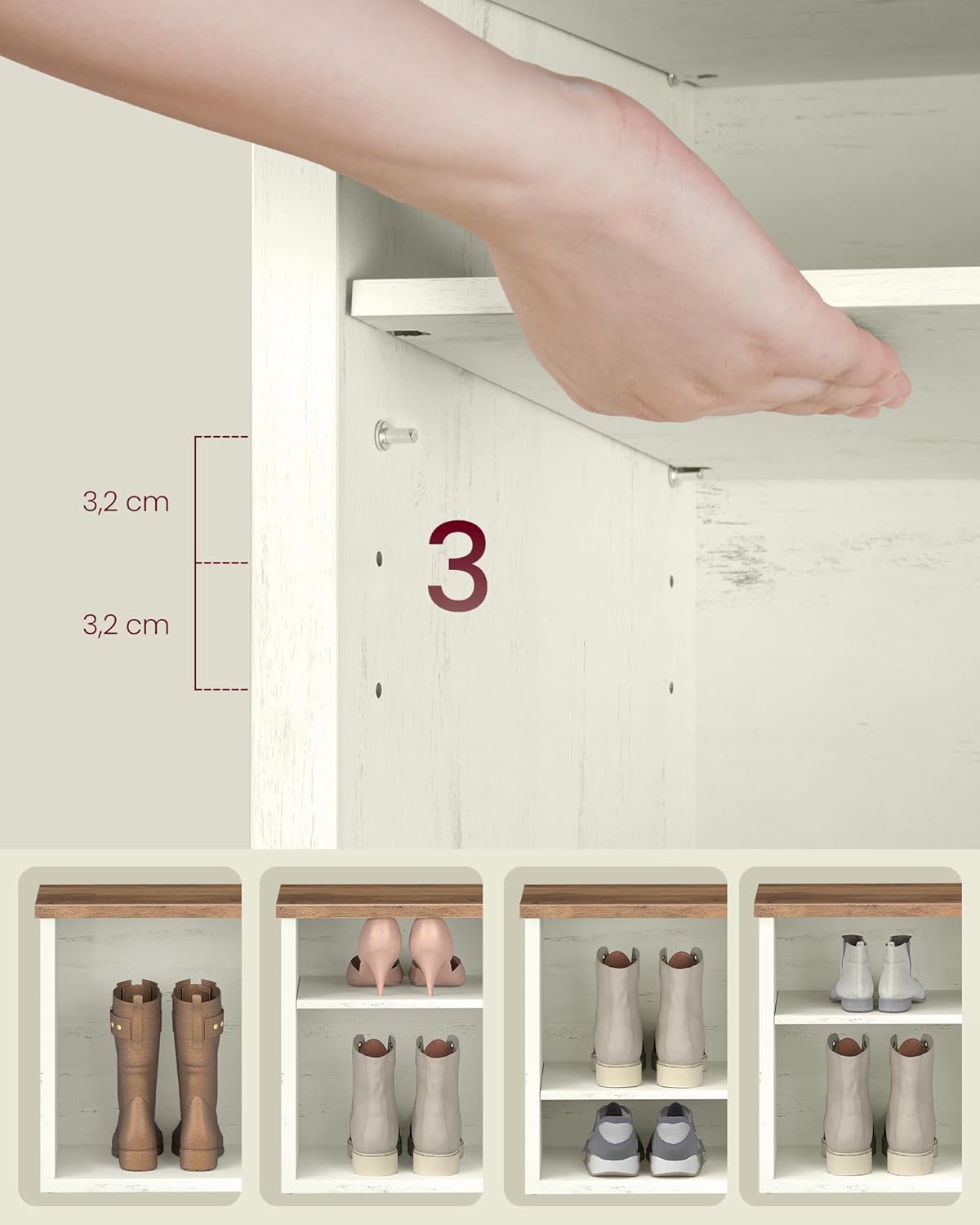 Thumbnail 3 de VASAGLE Banc à Chaussures LSB036W02 – Étagère de rangement à 6 niveaux, blanc vintage et miel, 29,5 x 100 x 50 cm