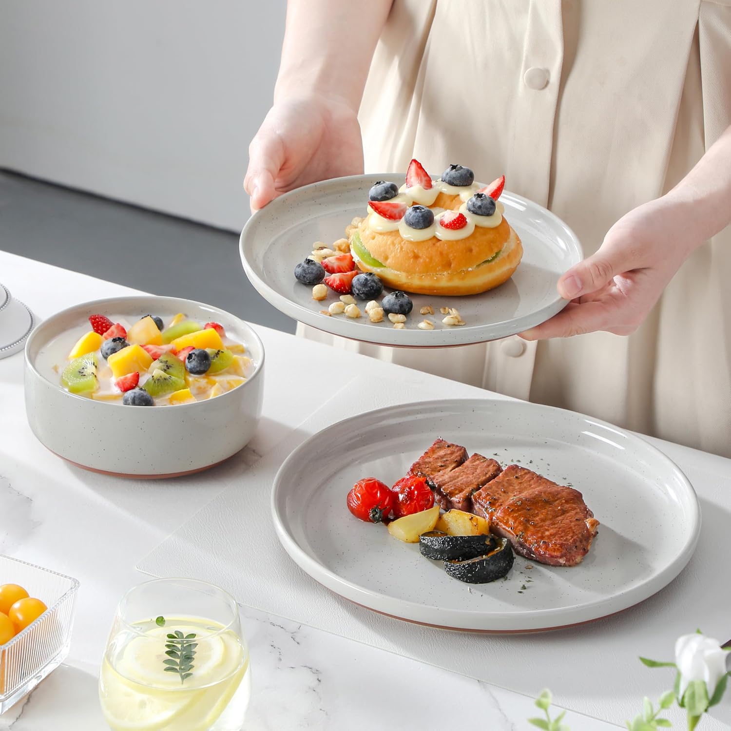 Thumbnail 5 de MALACASA TARA 12-Piece Modern Stoneware Dinnerware Set (Service for 4) in Grey