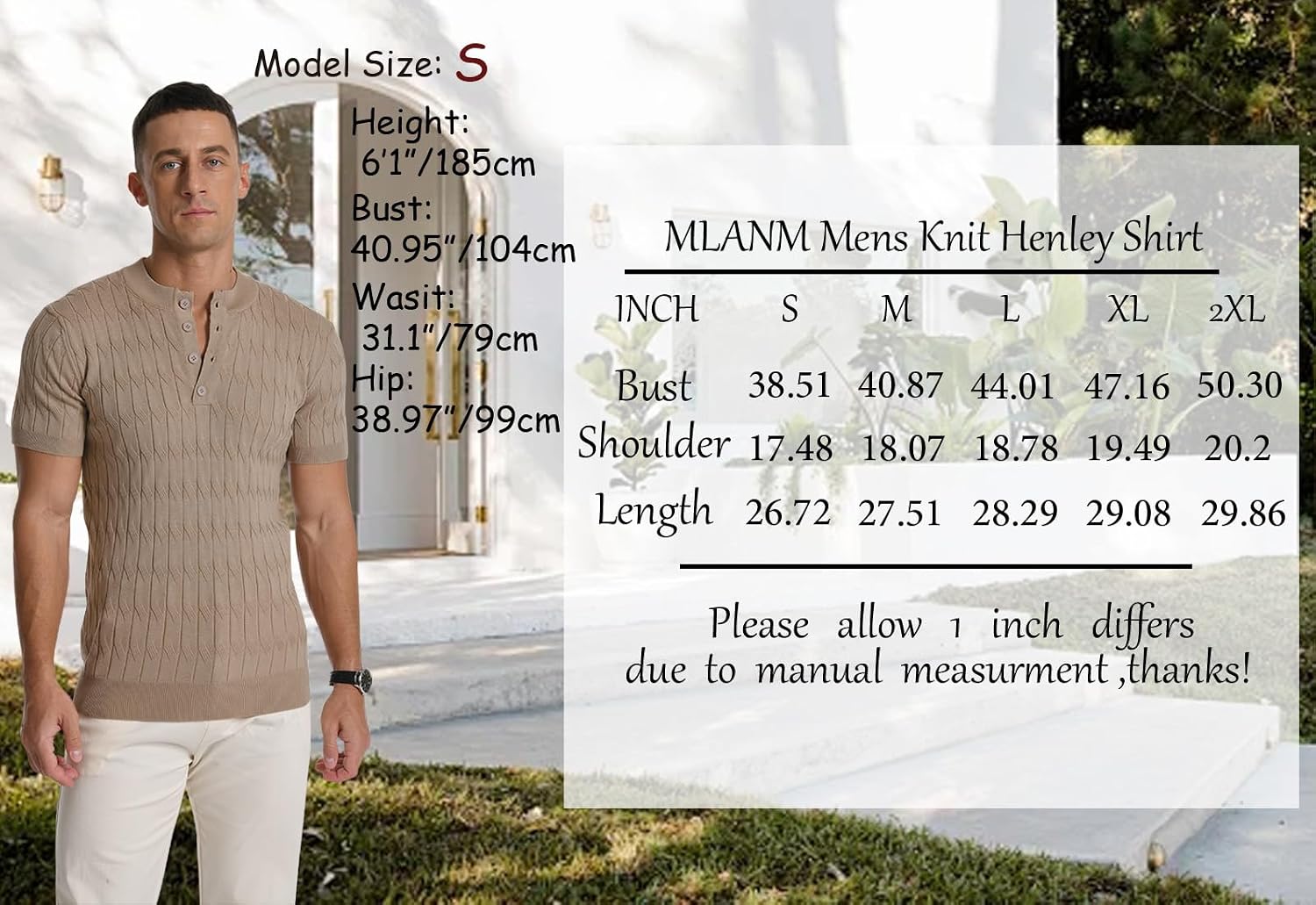 Detalle 2 de MLANM Men’s Knitted Henley T-Shirt (Short Sleeve, Slim Fit) – Lightweight summer polo style