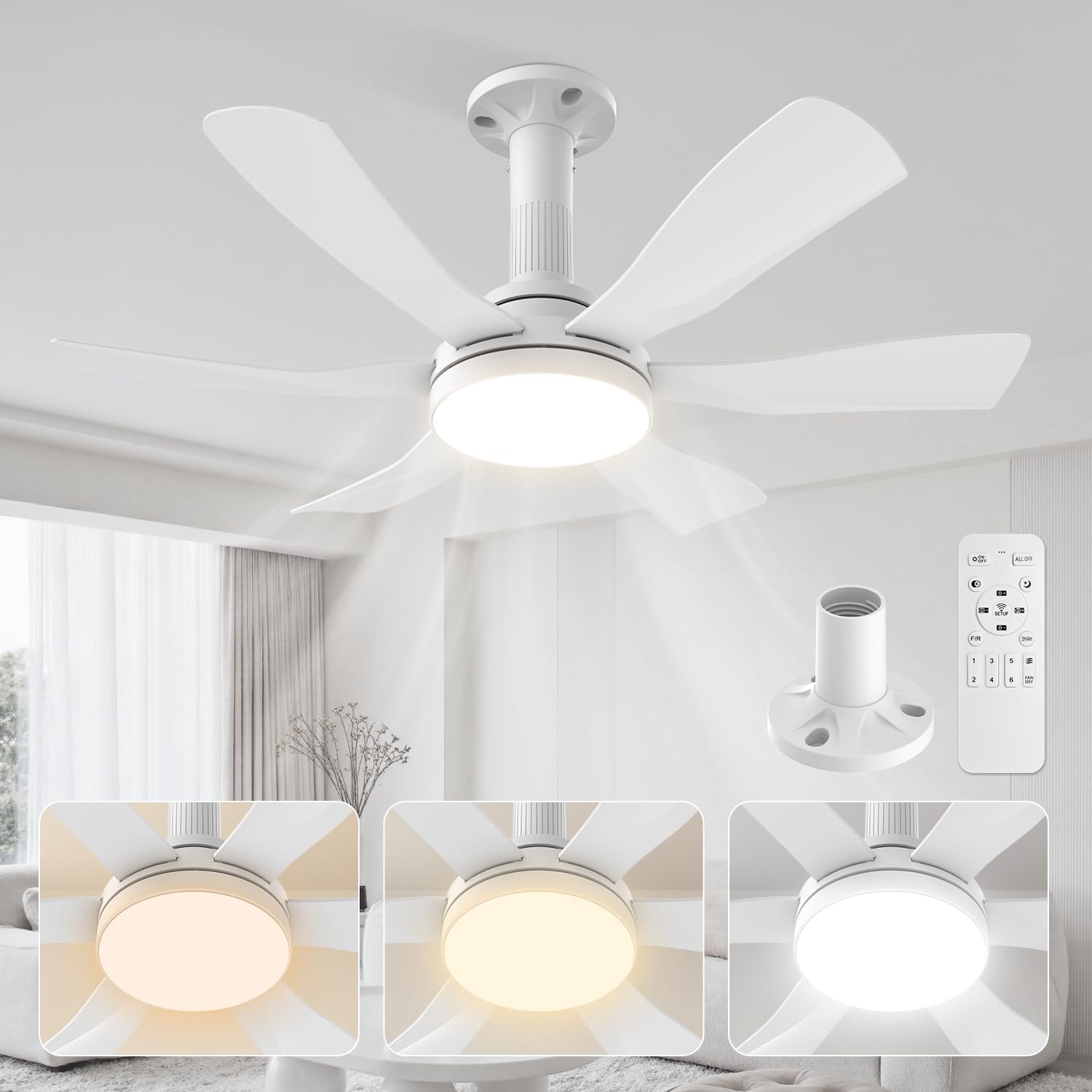 Detalle de Airwit 28-inch White Ceiling Fan with Remote, Reversible DC Motor and LED Light