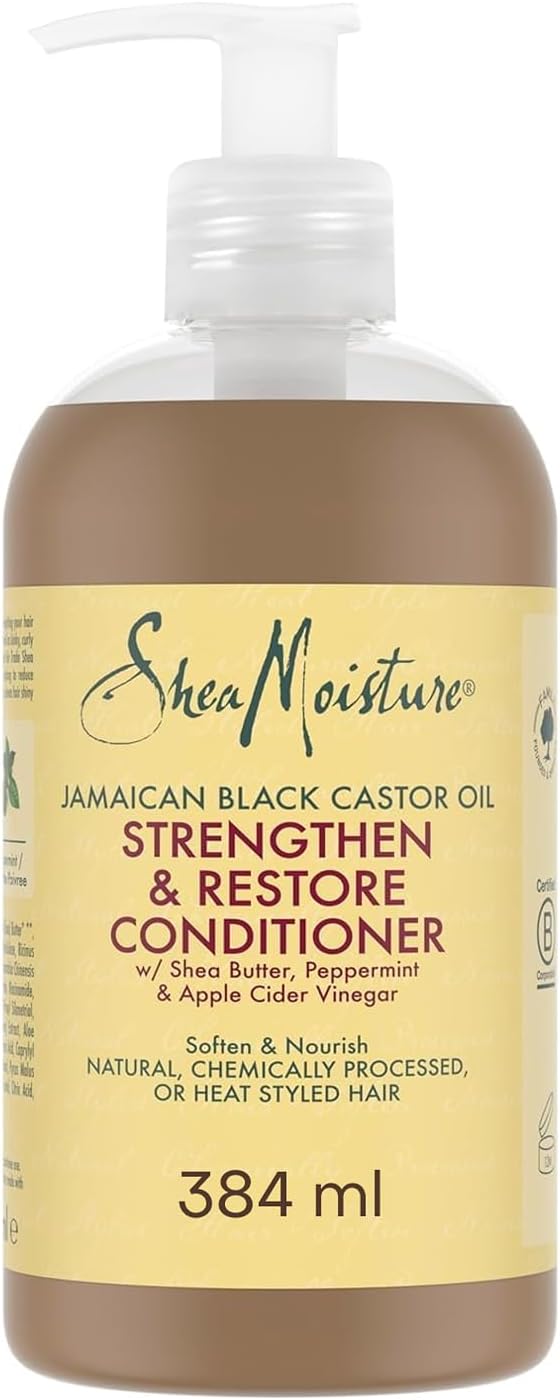 Detalle de Shea Moisture Strengthen & Restore Balsamo per capelli trattati e sfibrati con olio di ricino nero giamaicano e burro di karité, 384 ml