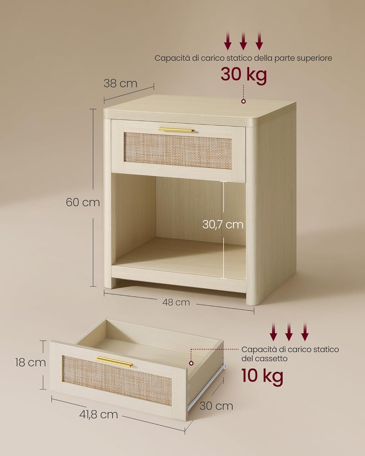 Detalle 2 de VASAGLE ELLAN Collezione – Comodini Boho con Cassett o in Effetto Rattan, Set da 2, Beige Naturale LET818LC01