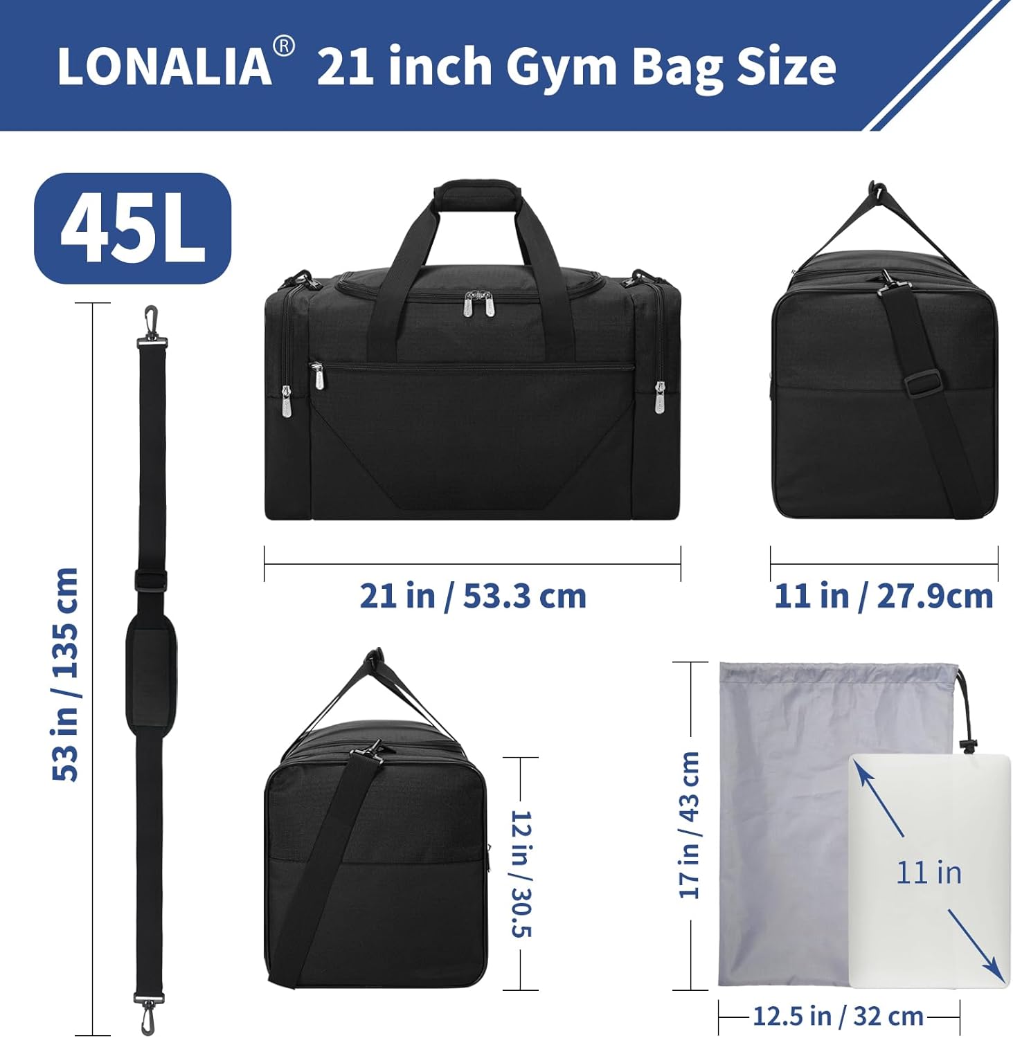 Thumbnail 1 de LONALIA Sac de Sport 45L avec Poche Humide et Compartiment à Chaussures – Noir