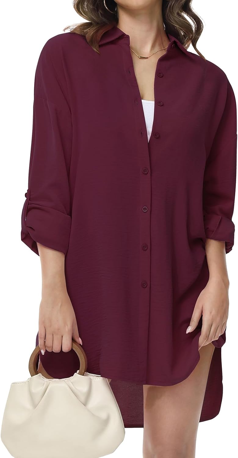 Detalle de Tanmolo Damenbluse mit V-Ausschnitt – langarm Hemdbluse zum Knöpfen im lässigen Boyfriend-Style