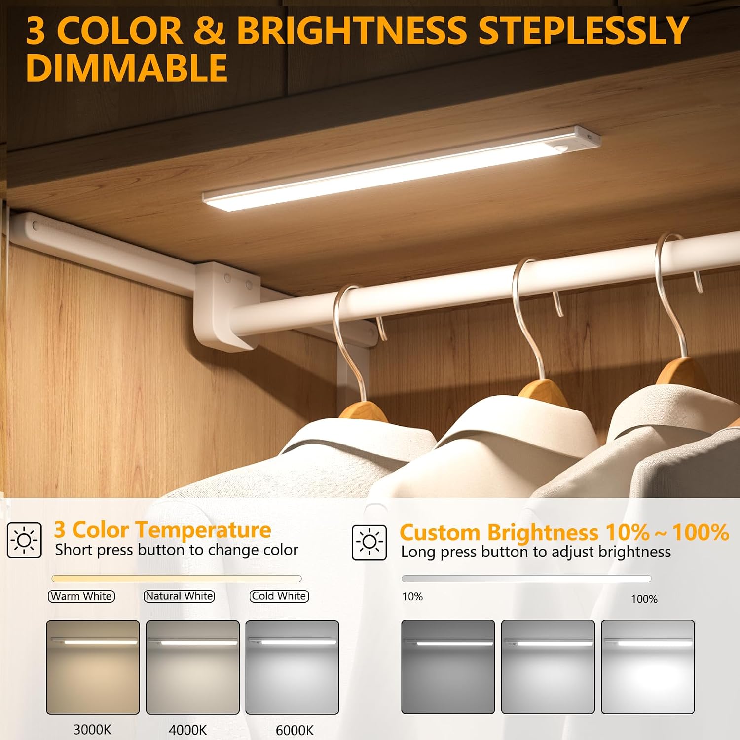 Detalle de OUILA Luce LED per armadio ricaricabile con sensore, 3 temperature colore e dimmer USB-C